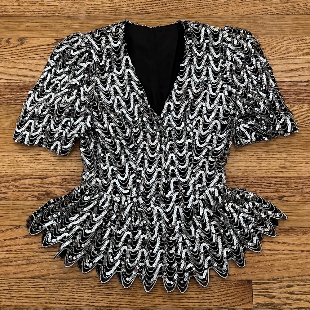 Vintage Union Made Silver Metallic Sequin Peplum V-Neck Peplum Top
